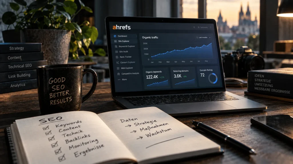 Laptop mit Ahrefs-Dashboard und Entwicklung des organischen Traffics neben SEO-Notizen zu Keywords, Backlinks, Monitoring und Ergebnissen.