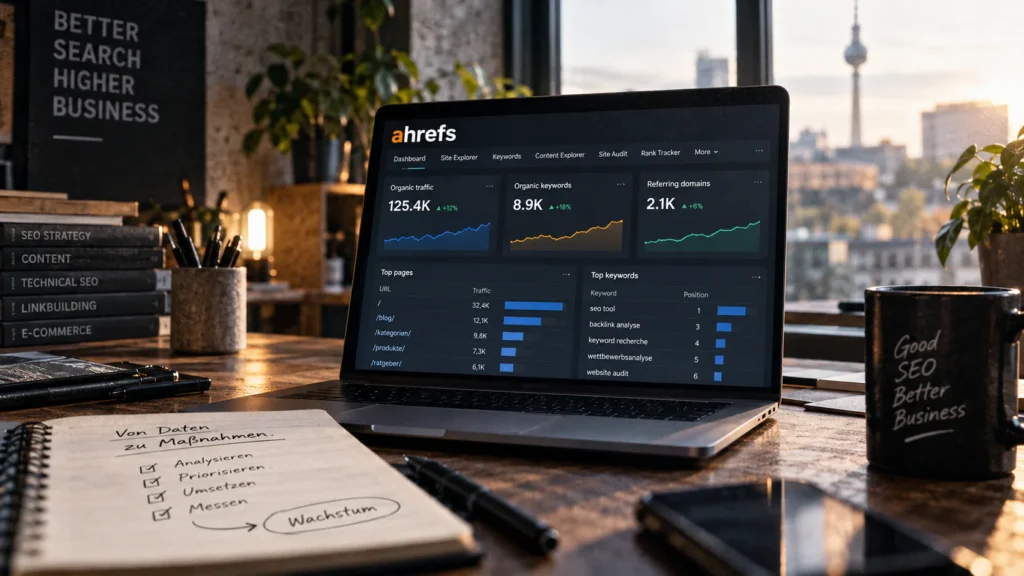 Ahrefs-Dashboard auf einem Laptop neben einem Notizbuch mit den Schritten analysieren, priorisieren, umsetzen und messen.
