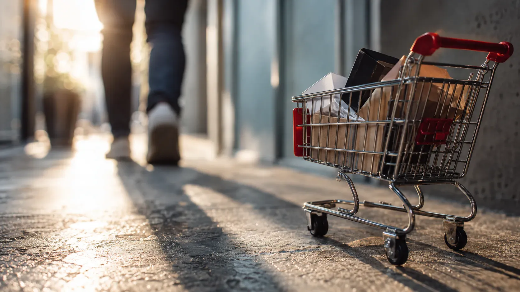 Einkaufswagen mit Paketen im Vordergrund, während eine Person den Bereich verlässt.
