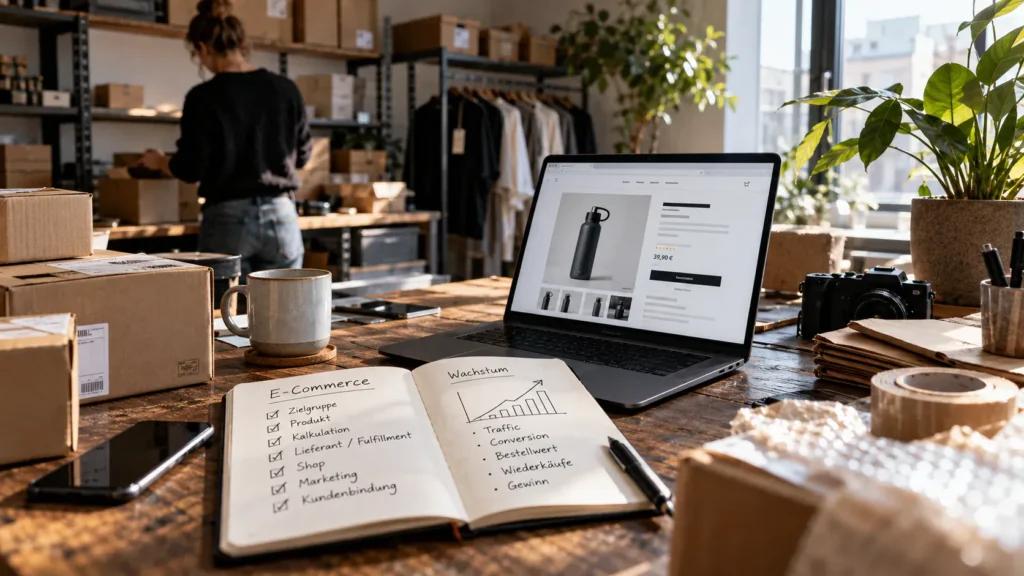 E-Commerce-Arbeitsplatz mit Produktseite auf einem Laptop, Versandkartons und einer Person bei der Bestellabwicklung im Hintergrund.