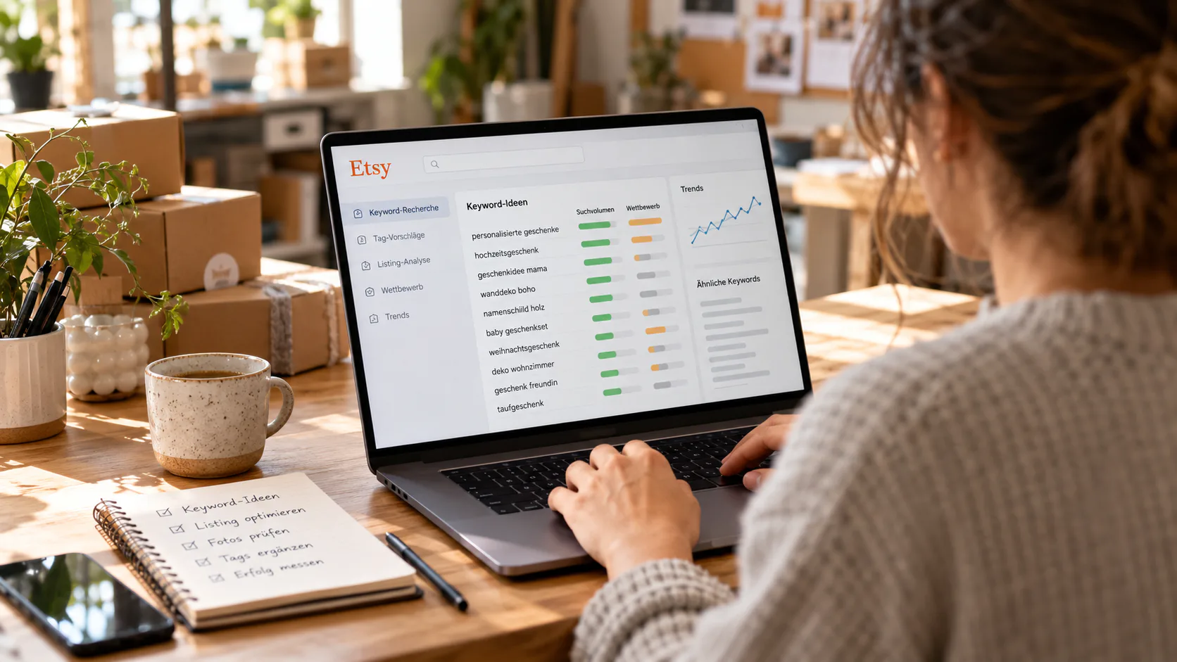 Etsy-Verkäuferin recherchiert Keywords mit einem Etsy SEO Tool am Laptop