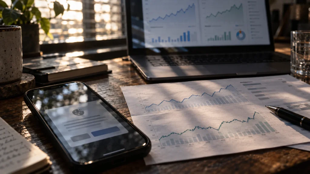 Smartphone mit Cookie-Einwilligung neben unterschiedlichen Analytics-Diagrammen und einem geöffneten Laptop.