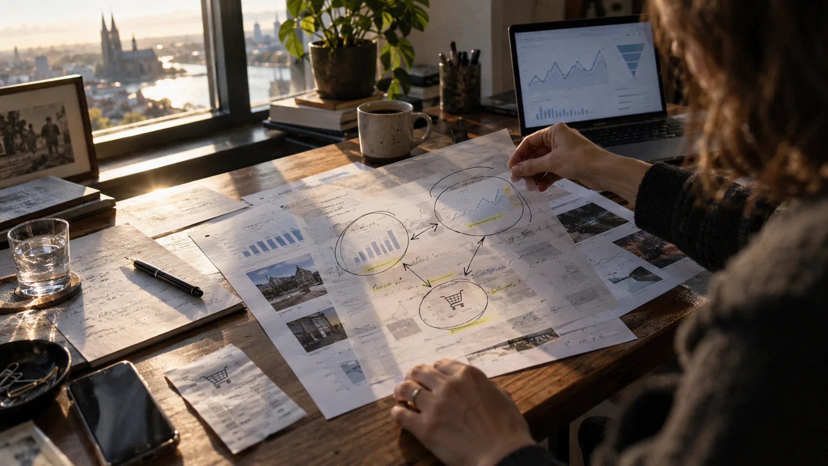 Analystin vergleicht ausgedruckte SEO-Daten, Diagramme und Conversion-Signale mit Analytics-Auswertungen am Laptop.