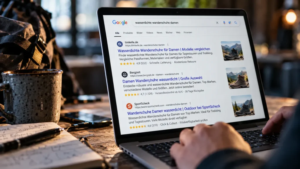 Person betrachtet auf einem Laptop mehrere Google-Suchergebnisse mit Titeln, Beschreibungen, Bewertungen und Produktbildern