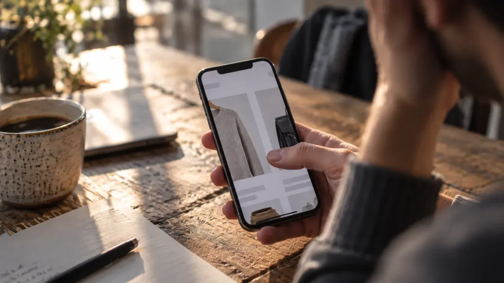 Person sitzt an einem Tisch und betrachtet eine Produktseite auf dem Smartphone.