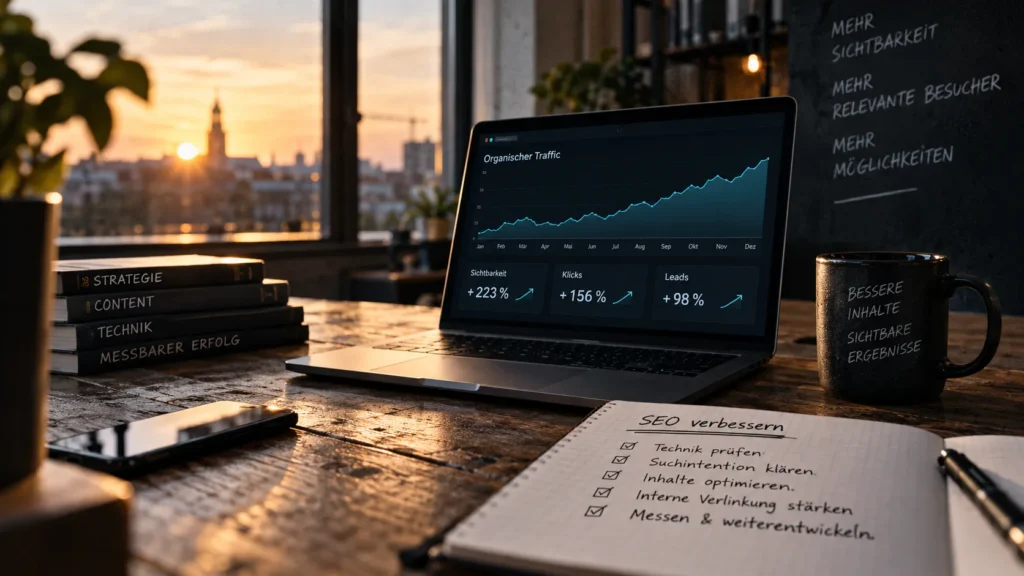 Laptop mit ansteigendem organischem Traffic und SEO-Kennzahlen auf einem Schreibtisch bei Abendlicht