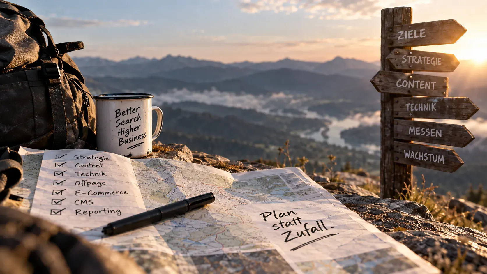 Berglandschaft bei Sonnenuntergang mit SEO-Plan, Checkliste und Wegweisern zu Strategie, Content, Technik, Messen und Wachstum
