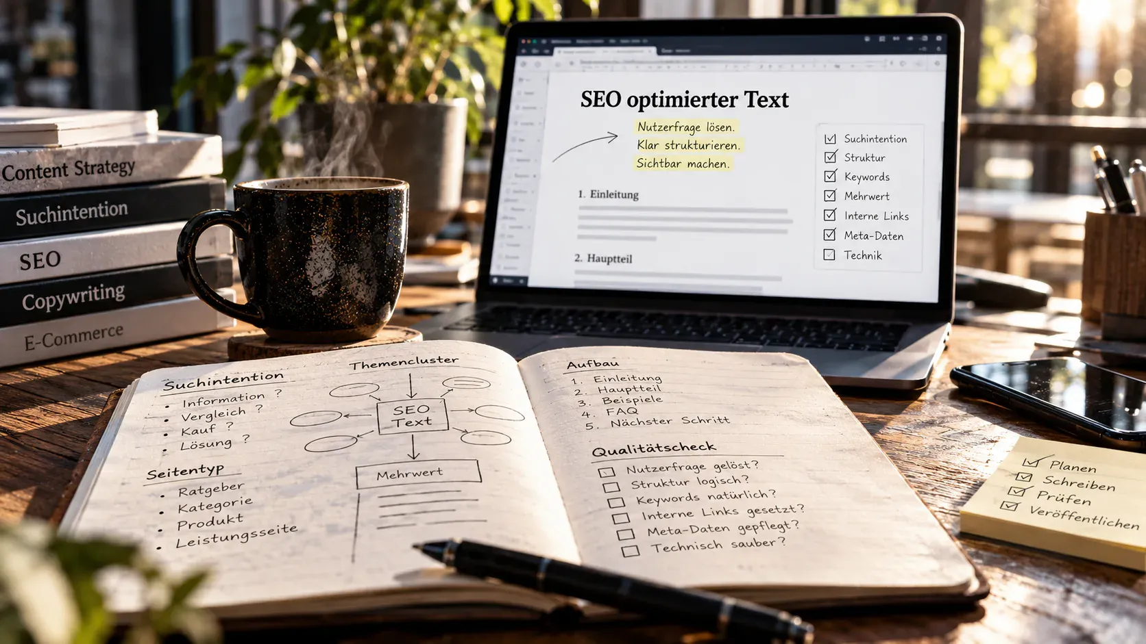 Arbeitsplatz mit Laptop, Notizbuch und Planung zu Suchintention, Seitenstruktur, Keywords, internen Links und Qualitätsprüfung für SEO-Texte