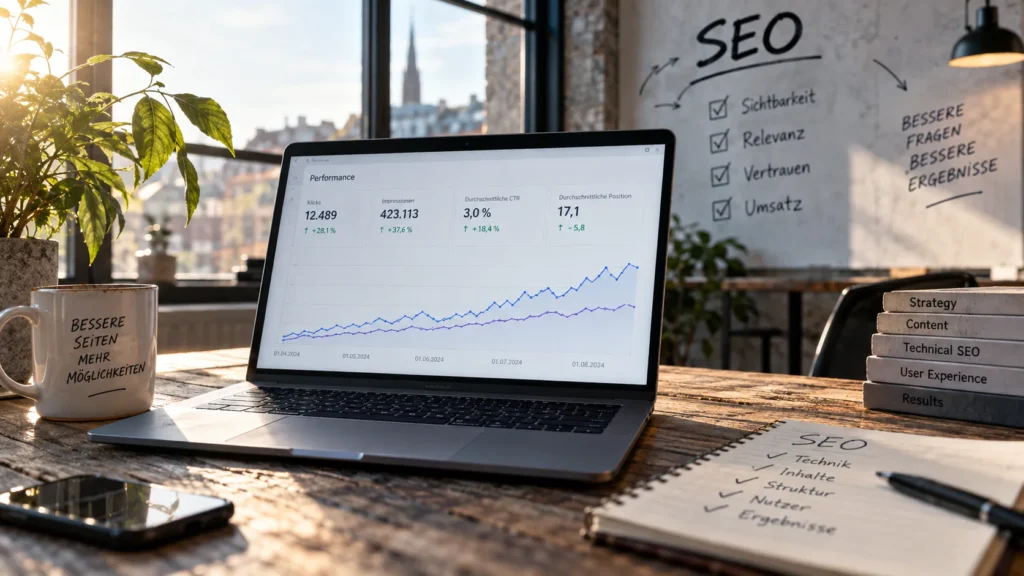 SEO-Arbeitsplatz mit Performance-Dashboard, Checkliste und Notizen zu Technik, Content, Struktur und Ergebnissen