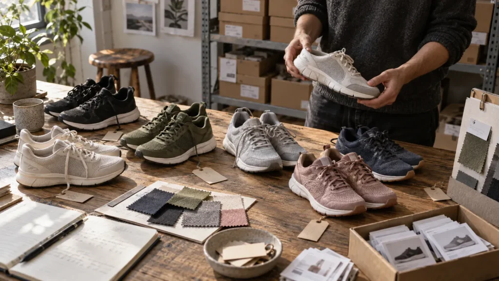 Mehrere unterschiedliche Sneaker auf einem Arbeitstisch, während eine Person verschiedene Modelle miteinander vergleicht.