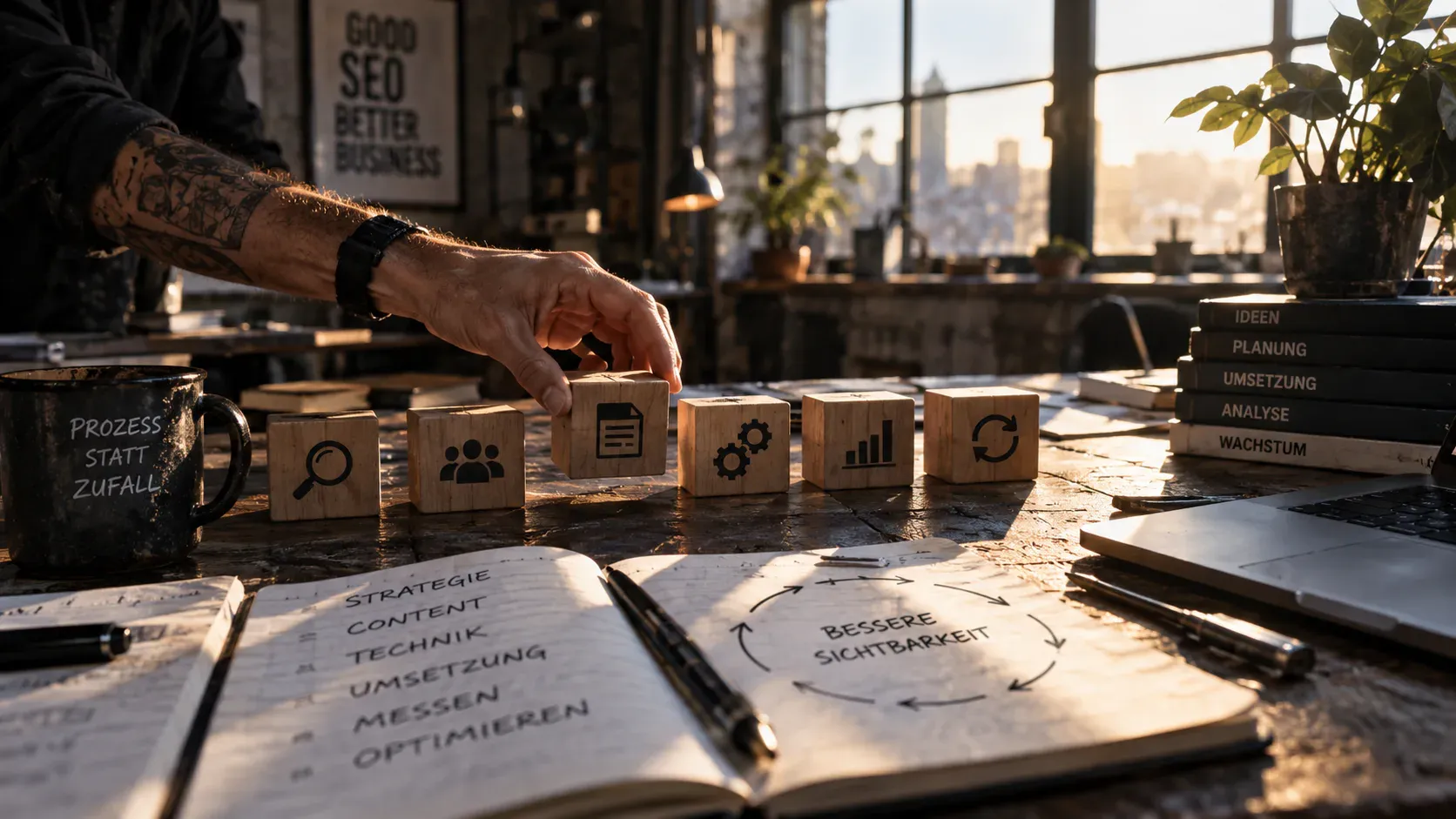 SEO-Arbeitsprozess mit Strategie, Content, Technik, Umsetzung, Messung und Optimierung auf einem Arbeitstisch