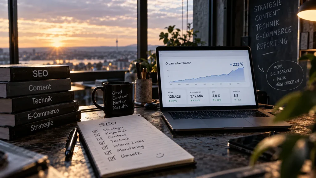 Arbeitsplatz mit Laptop, SEO-Kennzahlen, steigender Traffic-Kurve sowie Notizen zu Strategie, Content, Technik und Reporting