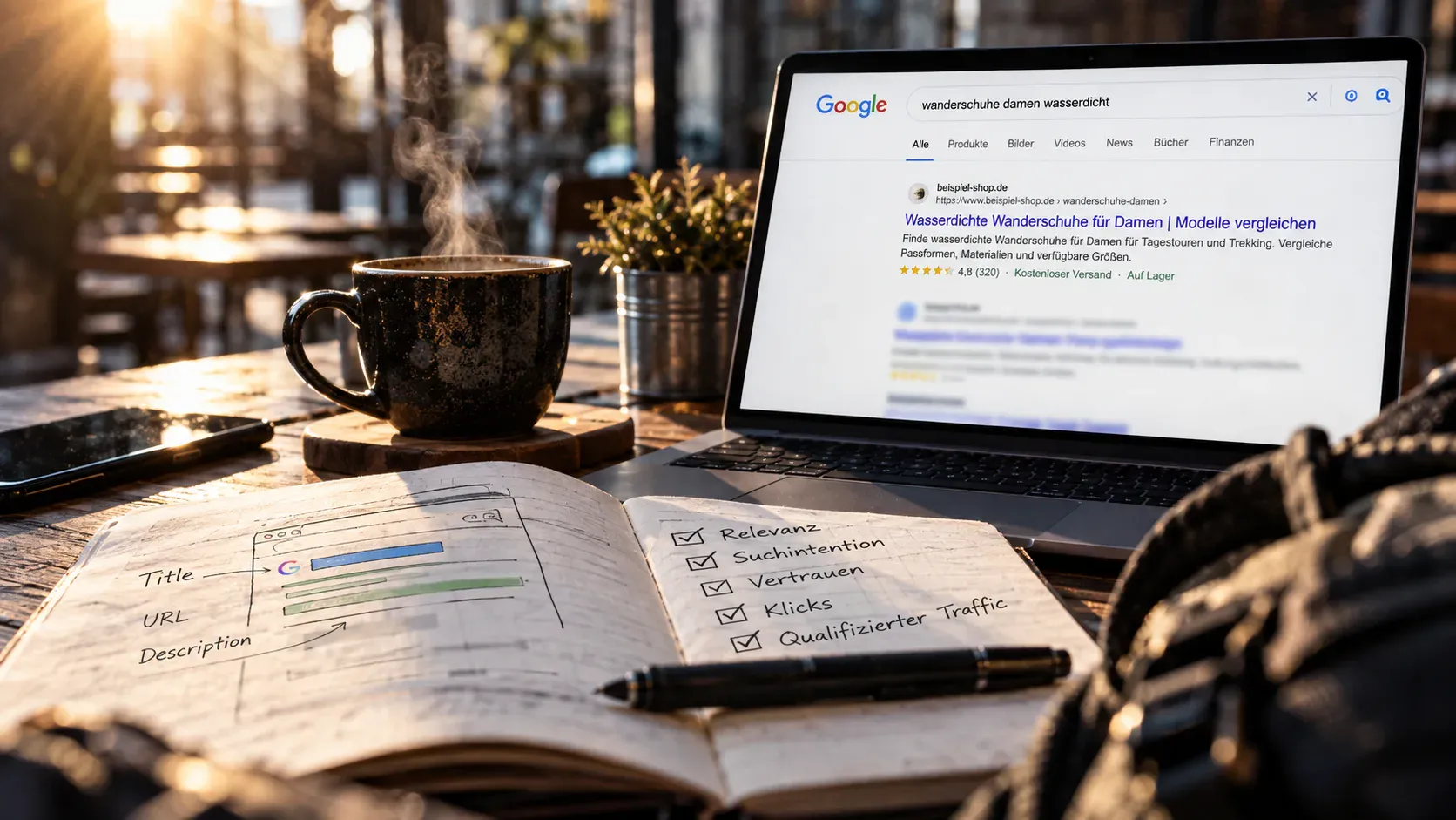 Laptop mit Google-Suchergebnis für wasserdichte Wanderschuhe neben Notizbuch mit Hinweisen zu Title, URL, Description und Suchintention