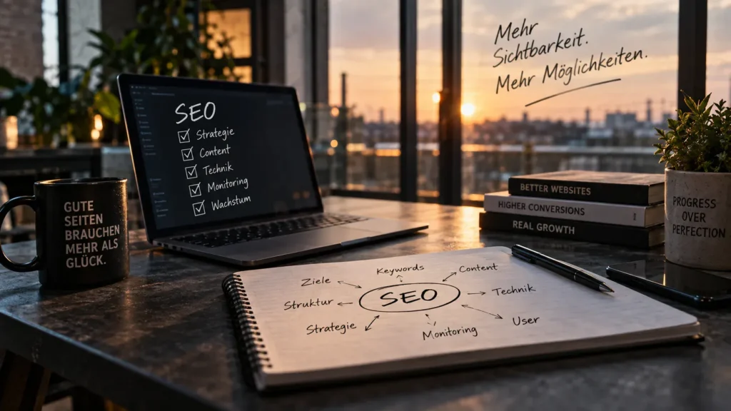 SEO-Arbeitsplatz mit Notebook, Laptop und Notizen zu Zielen, Keywords, Content, Technik, Struktur und Monitoring