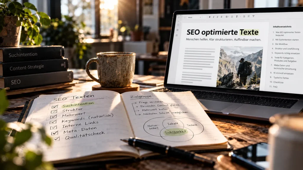 Redaktioneller Arbeitsplatz mit geöffnetem SEO-Text auf einem Laptop und handschriftlichen Notizen zu Suchintention, Struktur, Mehrwert und Qualität