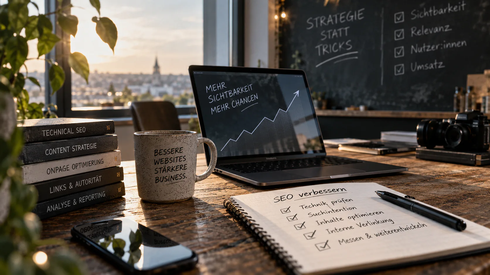 Arbeitsplatz mit Laptop, SEO-Checkliste und Strategienotizen zur Verbesserung von Sichtbarkeit, Relevanz und Umsatz