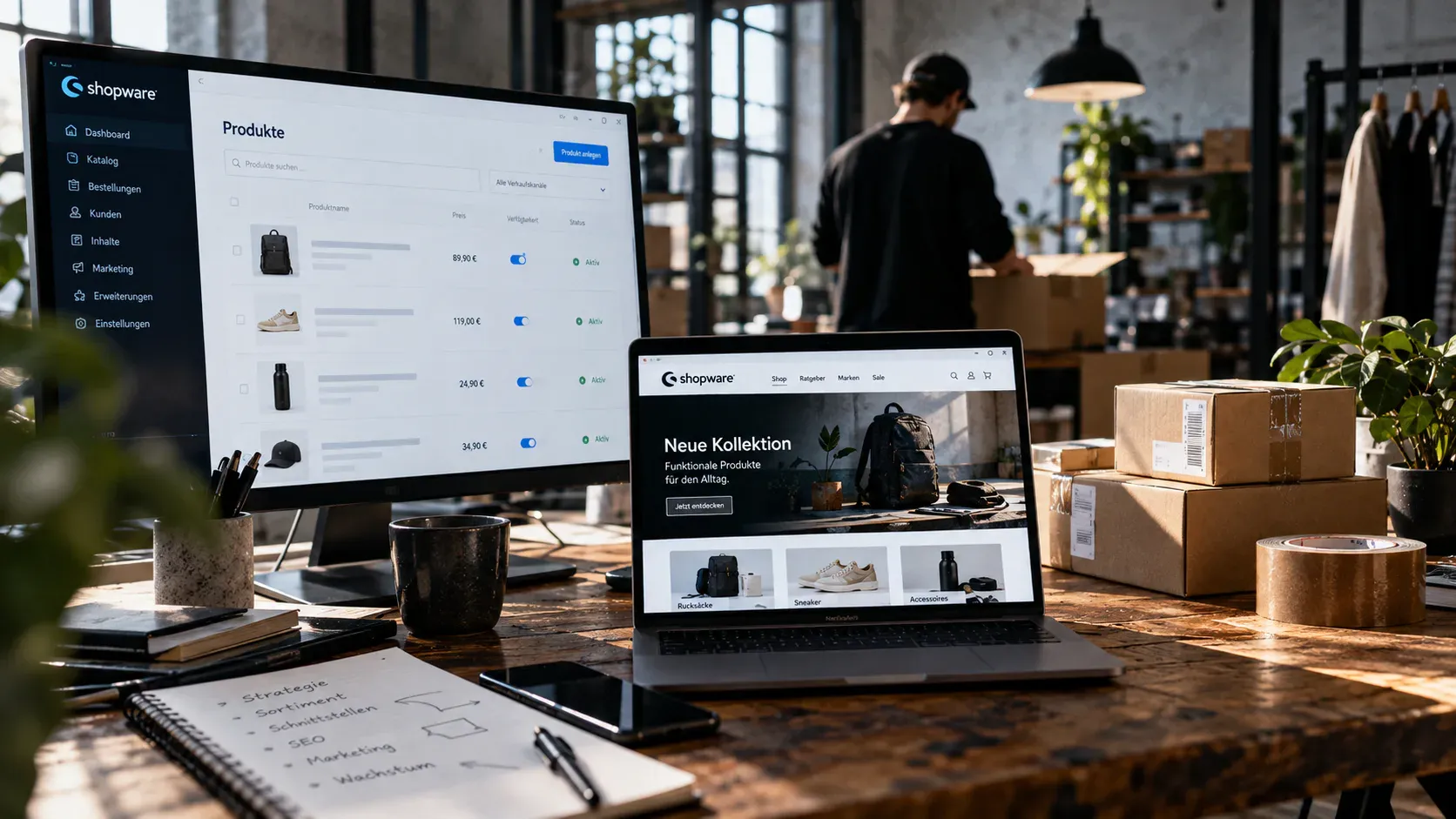 Shopware-Arbeitsplatz mit Produktverwaltung, Onlineshop, Versandkartons und laufender Bestellabwicklung im Hintergrund