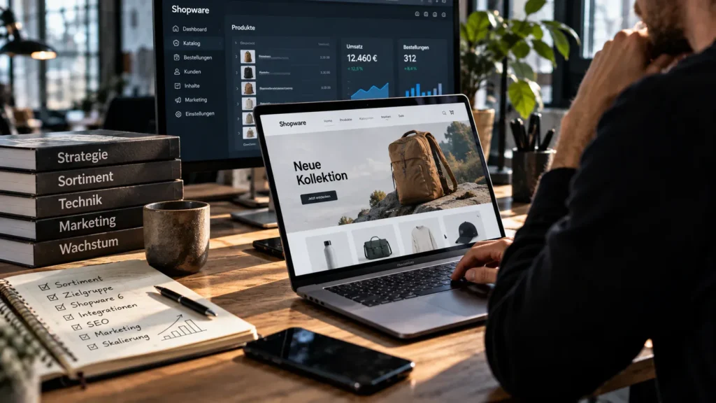 Person arbeitet an einem Shopware-Onlineshop mit Produktverwaltung, Bestellungen und Kennzahlen auf mehreren Bildschirmen