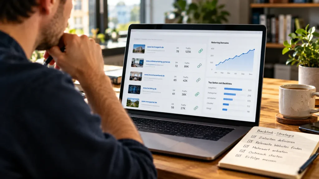 Analyse verweisender Domains und verschiedener Backlink-Quellen auf einem SEO-Dashboard