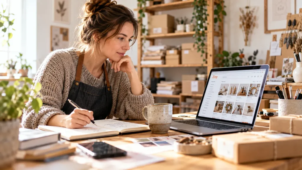 Etsy-Verkäuferin plant die Optimierung ihrer Produkt-Listings im eigenen Kreativstudio