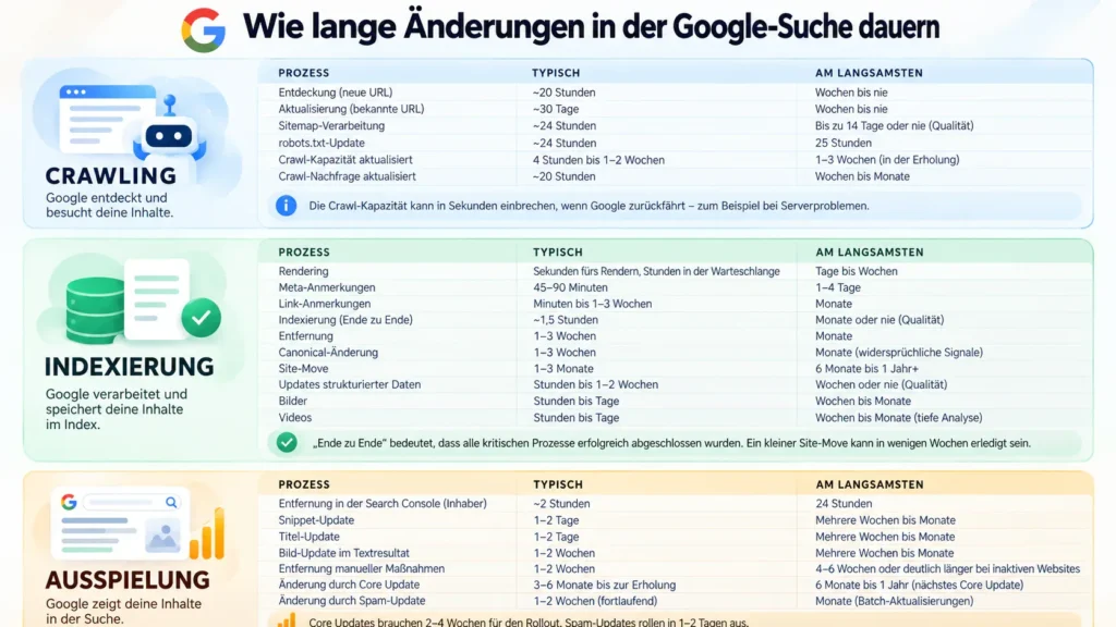 Infografik zu den typischen und maximal möglichen Zeitspannen bei Google für Crawling, Indexierung und Ausspielung von Änderungen in den Suchergebnissen.