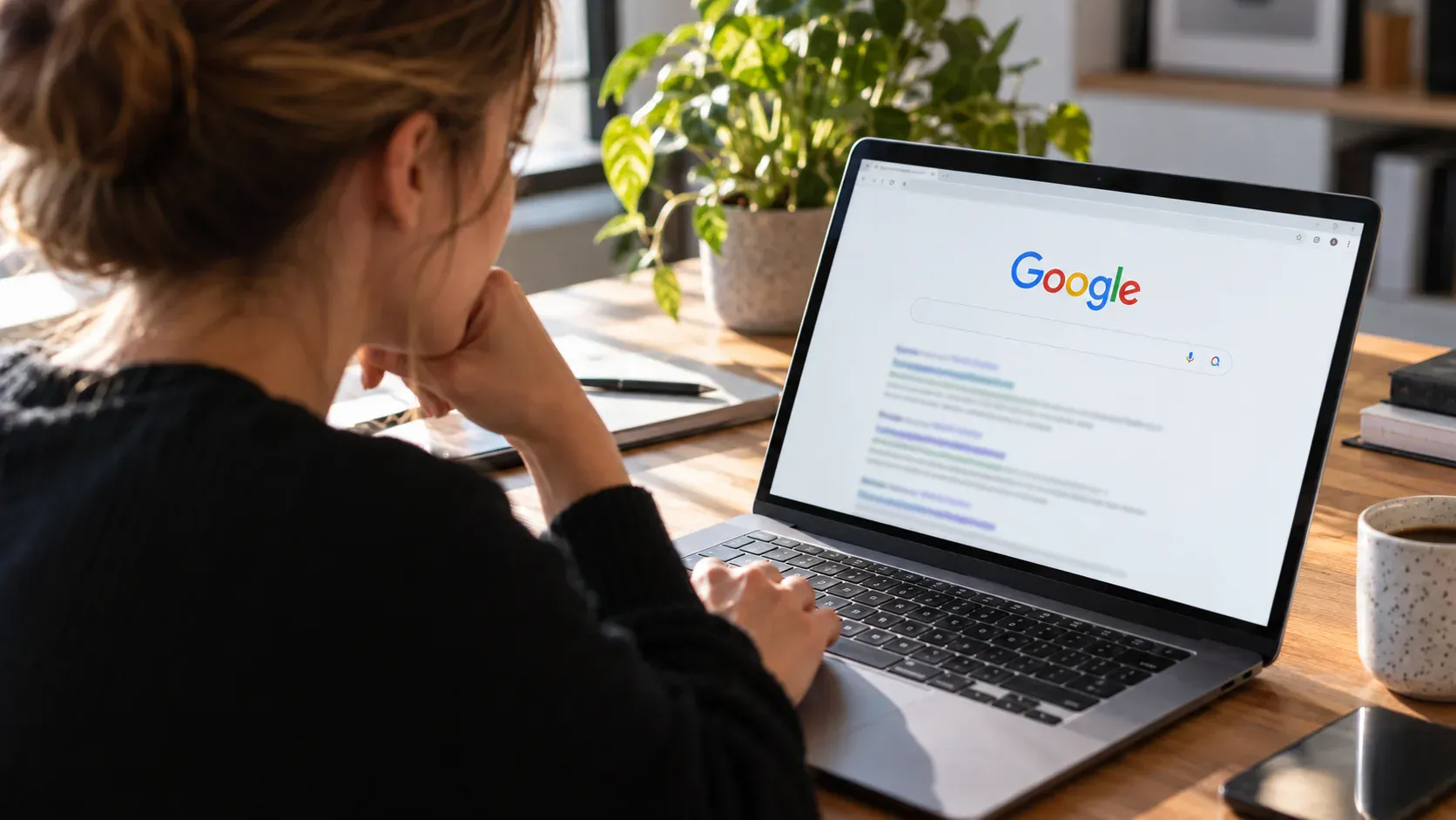 Frau überprüft an einem Laptop die Google-Suchergebnisse, um festzustellen, ob eine neu veröffentlichte Webseite bereits bei Google erscheint.