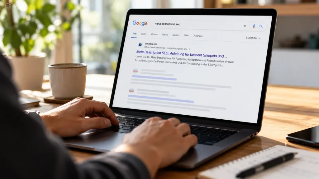 Google-Suchergebnisse auf einem Laptop mit einem hervorgehobenen Suchergebnis zur Meta Description.